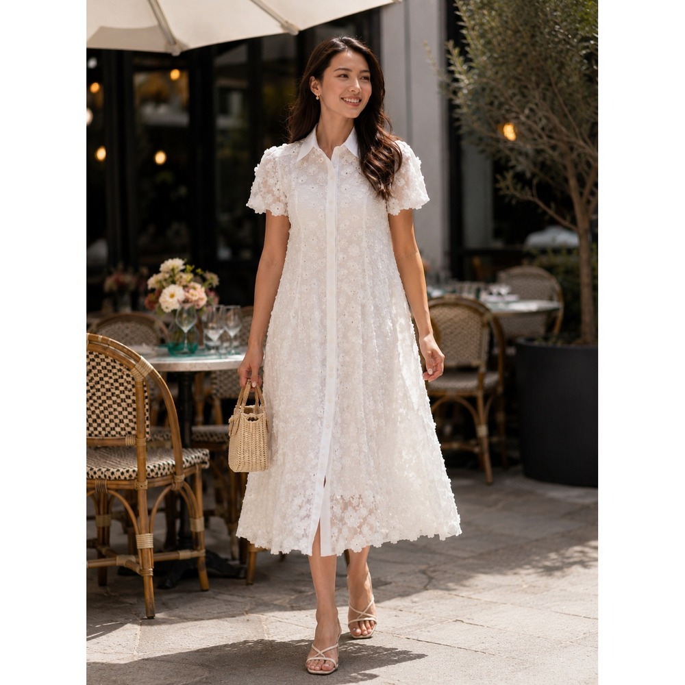 Porridge Clothing Maxi Dress Womens Size 1X White New 3D‎ Floral Sequin Accent